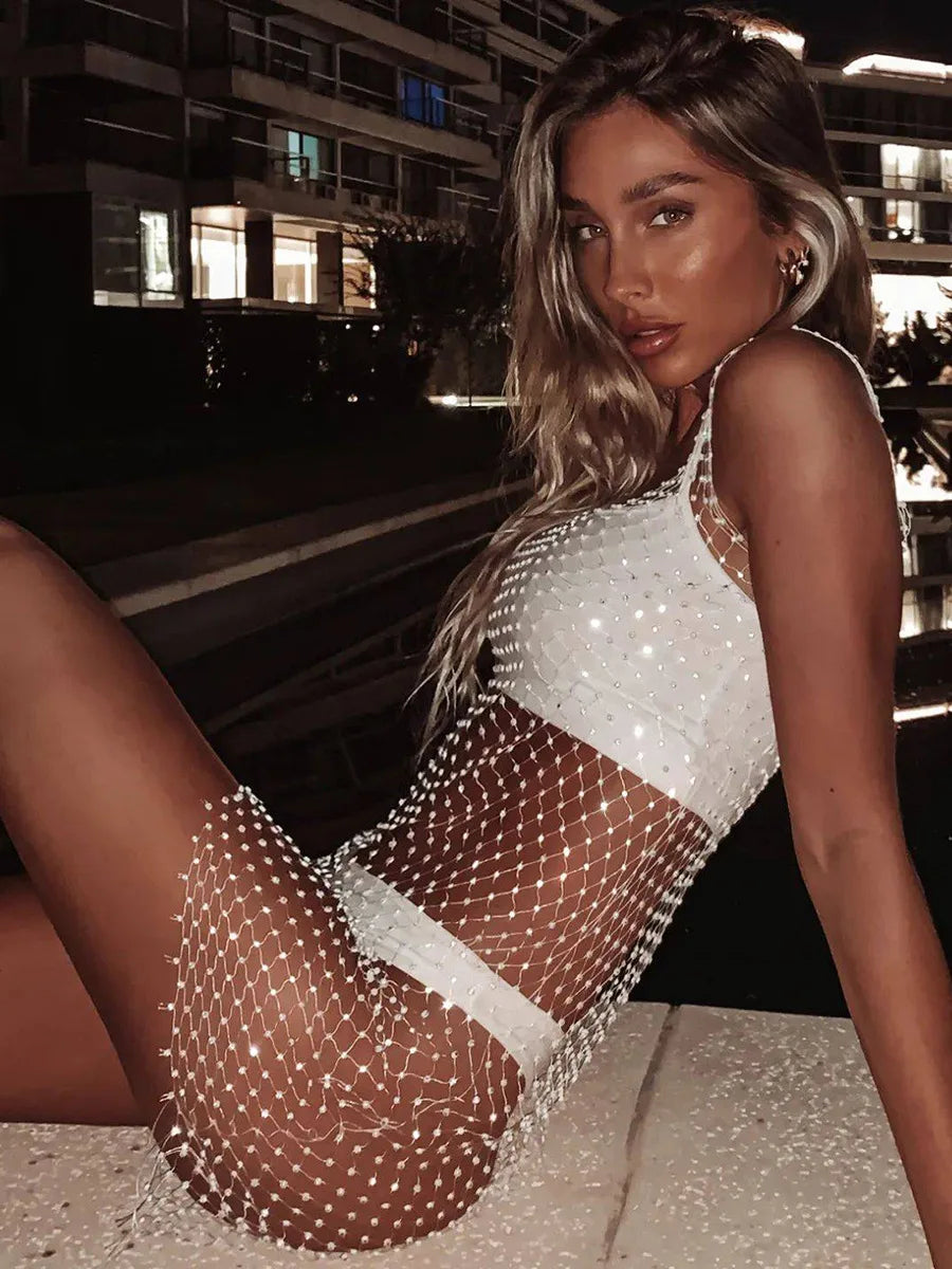 Fishnet Sparkly Rhinestone Sequins Party Dress Women Sexy See Through Side Split Hollow Dress Beach Bikini Cover Up Dress