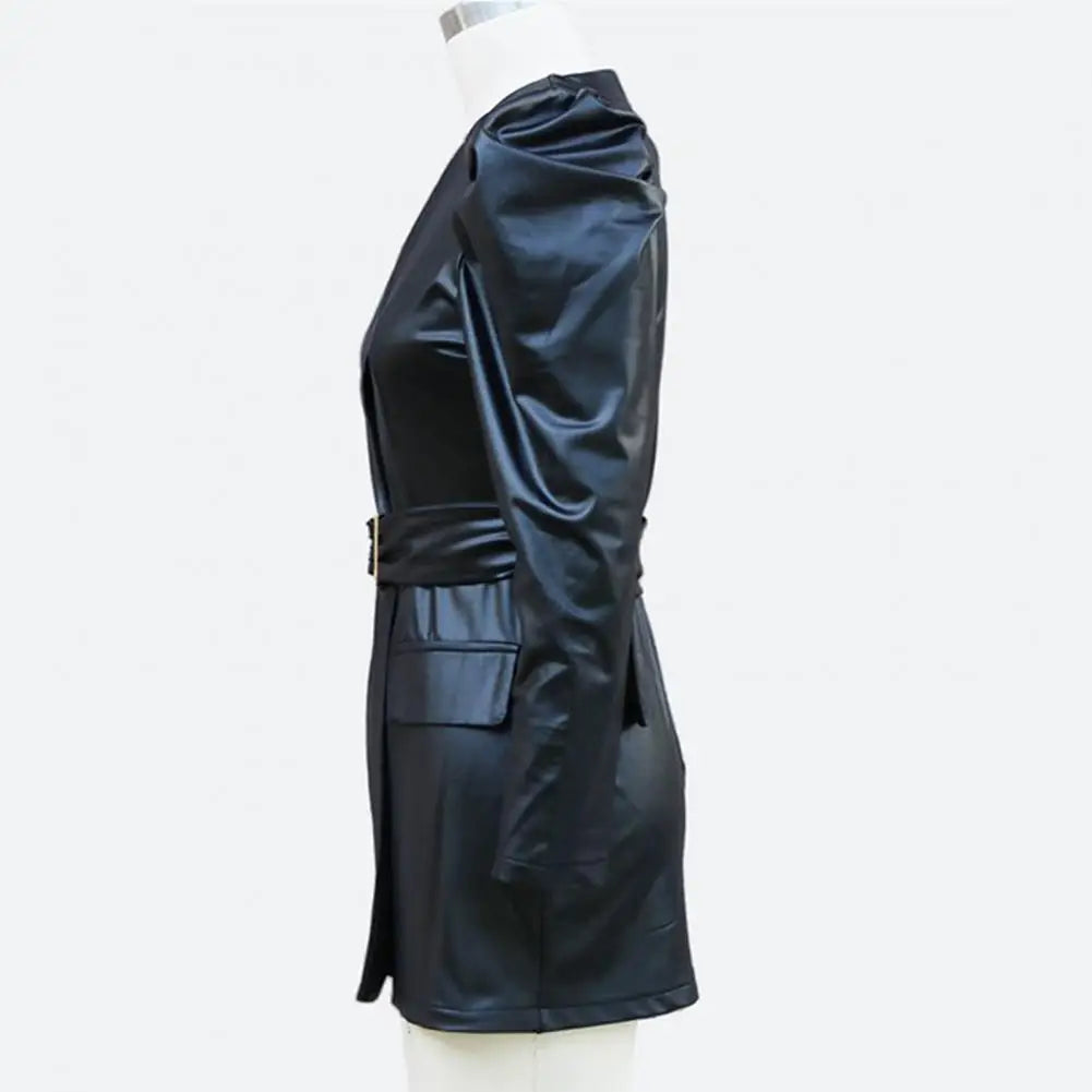 NEW Arrivals S-XL 4 Colors Summer Women Dress Smooth Faux Leather V Neck Long Bubble Sleeves Belted Waist Lady Dress Slim Fit Solid Color Mini Dress Ladies Luxury Fashion Clothing Supplies