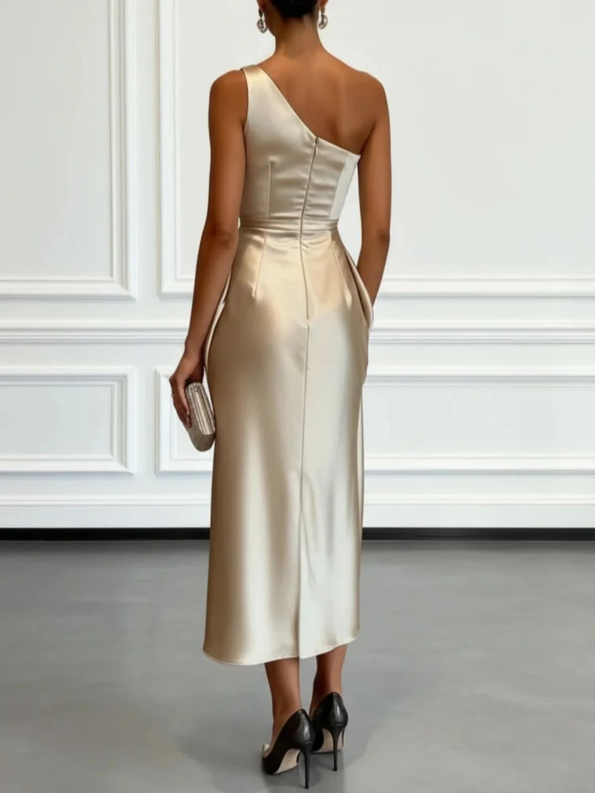 S-2XL UK Size One Shoulder Luxury Satin Midi Dress With Ruched Waist Elegant Sleeveless Evening Wedding Guest Business Party Formal Gown Ladies Outfits.