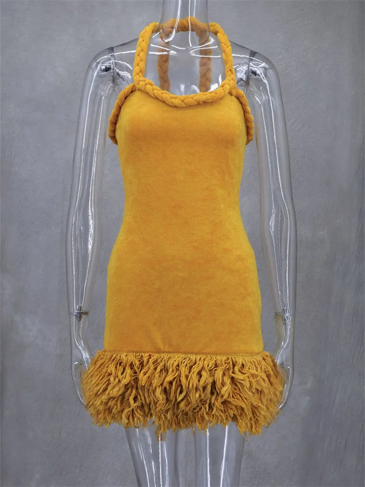 NEW Arrivals Fluff Patchwork Dress Women Halter Extra-Long Bandage Sleeveless Backless Autumn Spring Summer Trend Evening Party Clubwear Mini Bodycon Ladies Girls Sexy Fashion Apparel Supplies