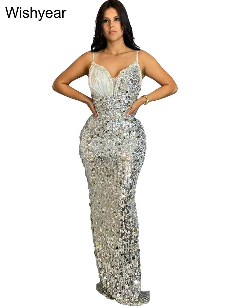 Low-Price Sales are Limited Red/Silvery S-2XL New Luxury Celebrity Sleeveless Spaghetti Straps Sequin Patchwork Mermaid Dress Women Wedding Birthday Evening Party Sexy Gown Ladies Luxury Fashion Apparel Supplies