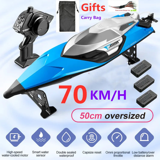 NEW Set 70KM/H High Speed 50CM Big 200M with Remote Control + 3 Batteries Ship Boat Rowing Waterproof Capsize Reset RC Racing Boat Speedboat Add Carry Bag Adults Kids Water Sports Supplies