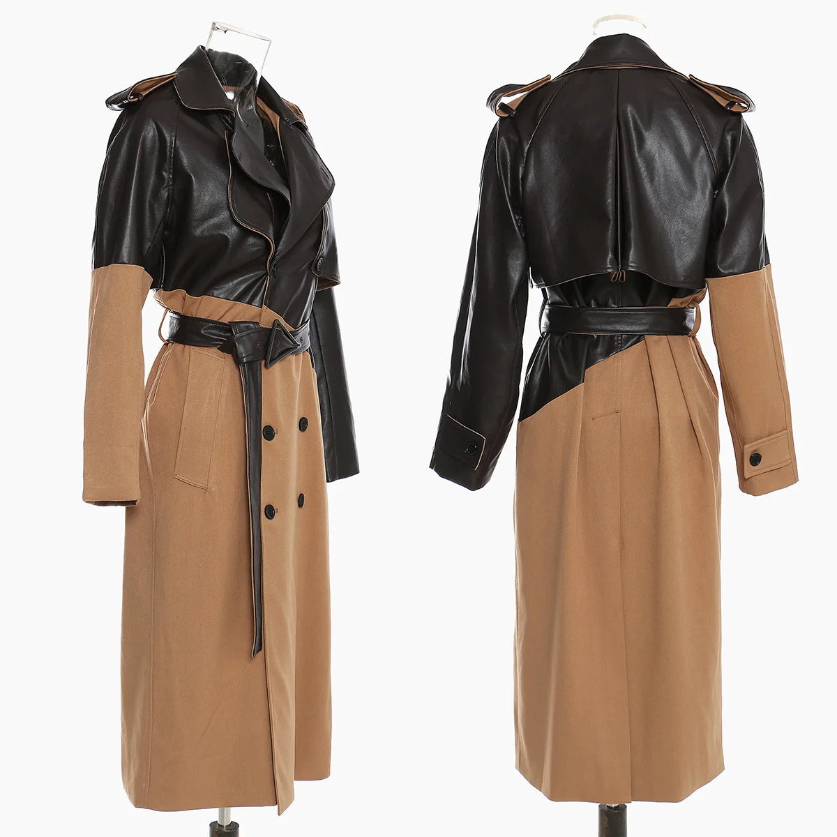 Spliced leather trench coat women's mid-length temperament over the knee strap waist khaki color matching temperament