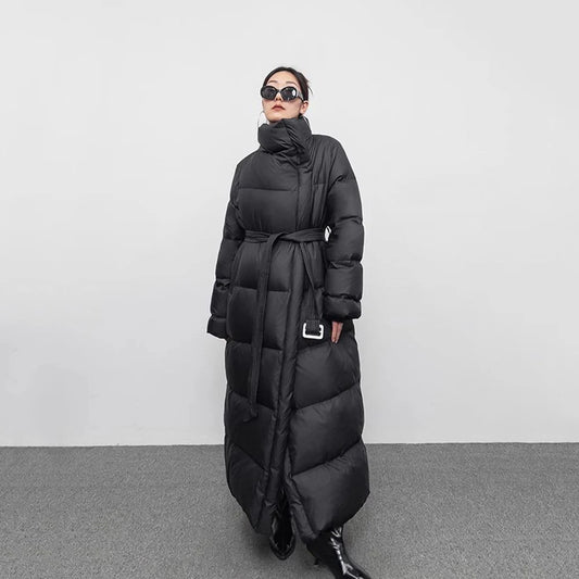 NEW Arrivals S-2XL UK Size Black/Brown Winter Warm Windproof  Tibetan Large Lapel Long Down Jacket Overcoat Women 90 White Duck Down Loose Knee Length Bread Cotton Quilt Jacket Down Coat