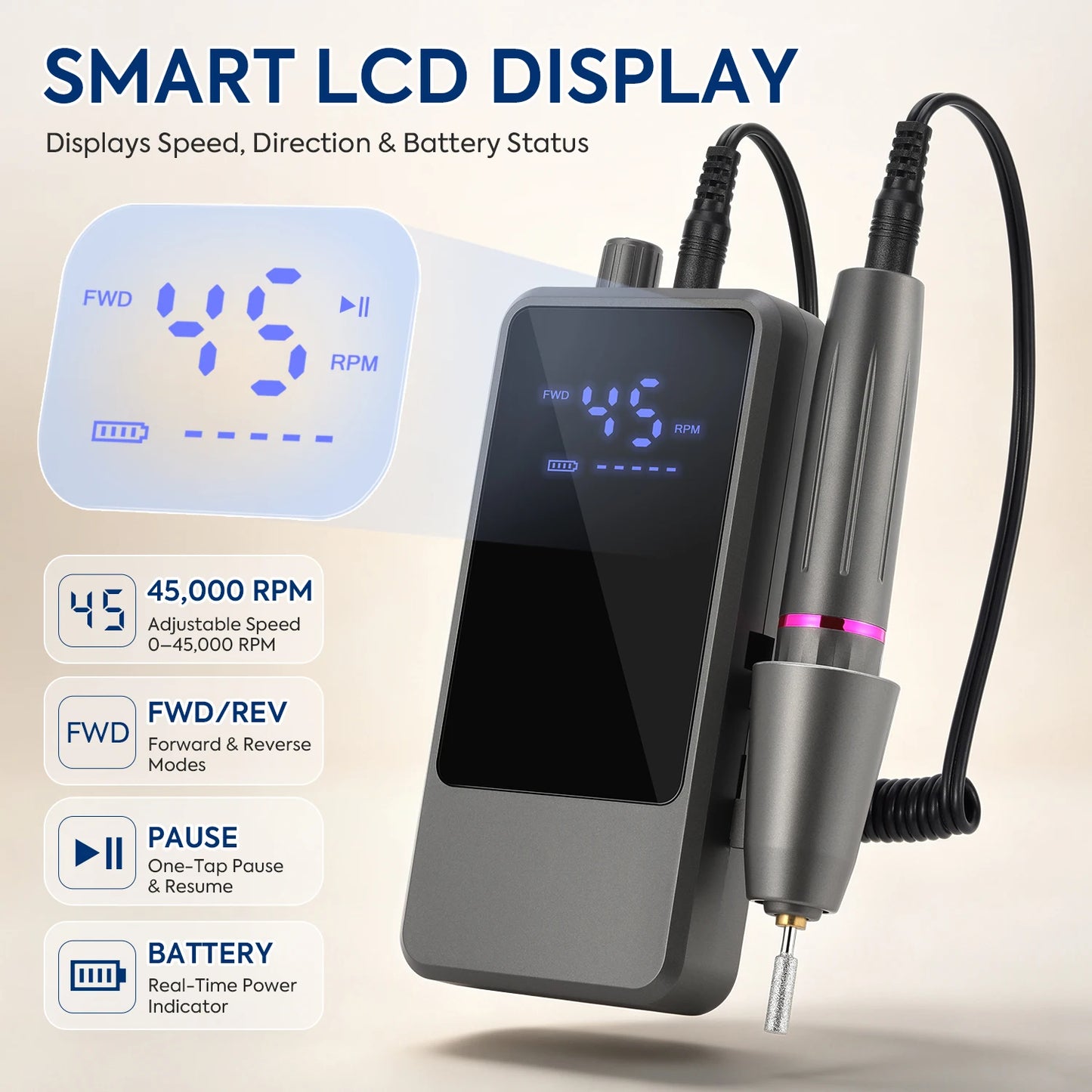 45000RPM Nail Drill USB Type C Electric Machine Portable Nail Polisher with LCD Display Electric Nail Polisher with 1600mAh Nail Tools Outdoor Travel Home Use Manicure Nails Care Supplies
