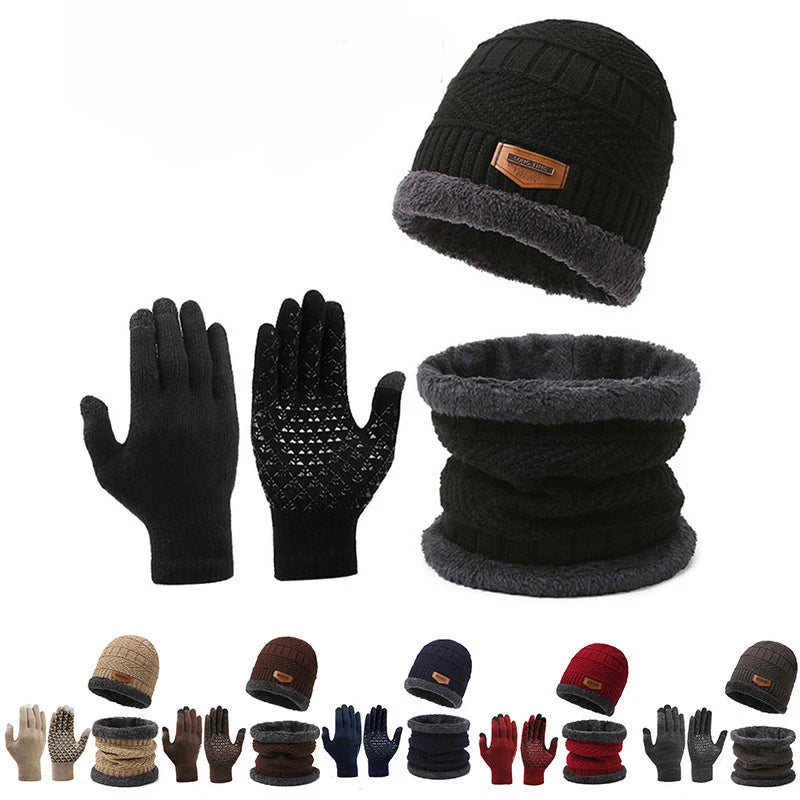 3 PCS Set Winter Fleece Thicken Windproof Hat Gloves Scarf Set Plush Warm Wool Knit Beanies for Men And Women