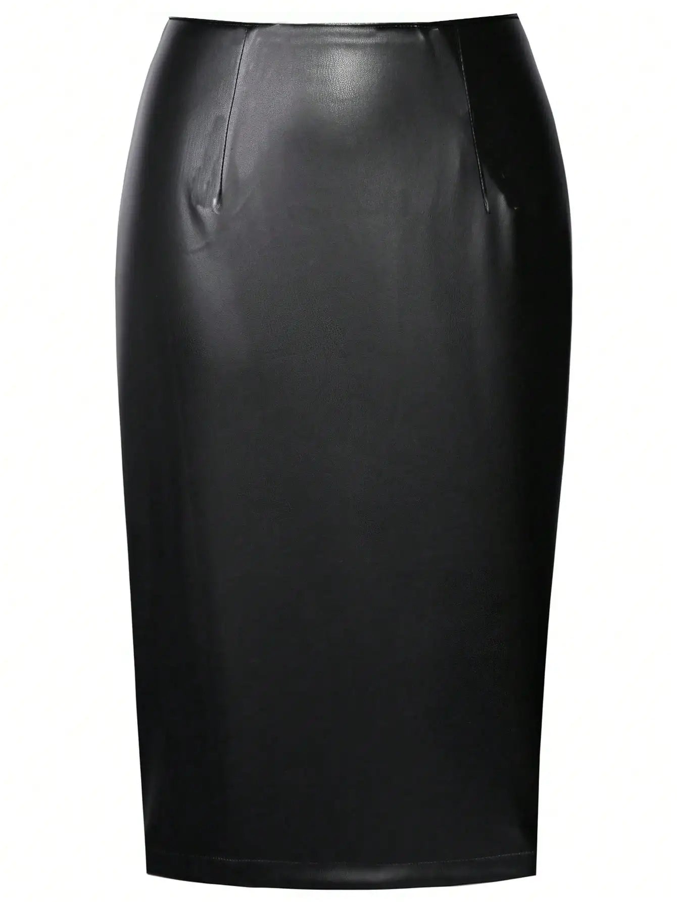 S-2XL UK Size Women Elegant PU Leather Black High Waist Work Office Lady Bodycon Sheath Knee Length Pencil Skirt