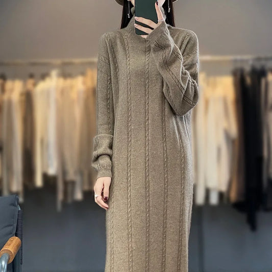 4 Colors 100% Pure Cashmere Dress High Collar Women's Winter Warm New Style Slimming Fashionable Versatile Loose Wool Long Dress