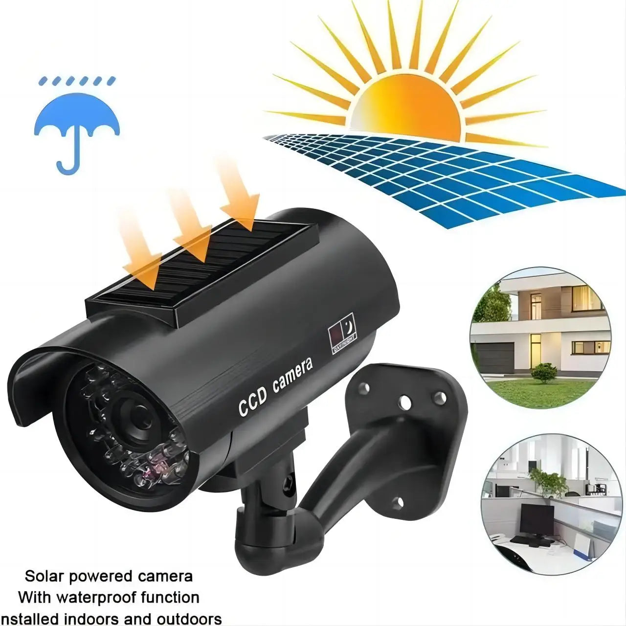 Solar Powers Dummy Security CCTV Camera Indoor Outdoor For Home and Office Surveillance Flashing LED Red Light Waterproof
