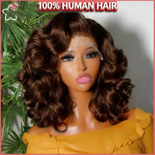 Just Arrived Body Wave 250% Density Chocolate Brown Short Bob Wig 13x4 HD Lace Front Wig 100% Human Hair Wigs Loose Wave Bob Wigs For Women