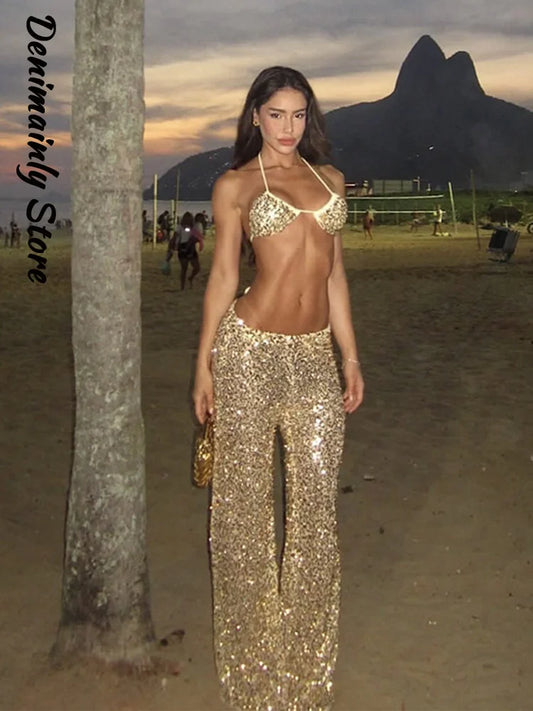 2 PCS Set 3 Colors UK Size Sexy Sequined Bikini Pants Set Women Sleeveless Backless Halter Cropped Top Wide Leg Pant  Summer Evening Beach Holiday Party Suit