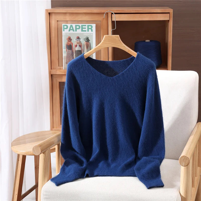 100% Mink Uzbekistan Cashmere 10 Colors S-3XL UK Plus Size Sweater Women's Autumn Winter New Style Solid Color V-Neck Knitted Top Quality Sweater Versatile Loose Base Top