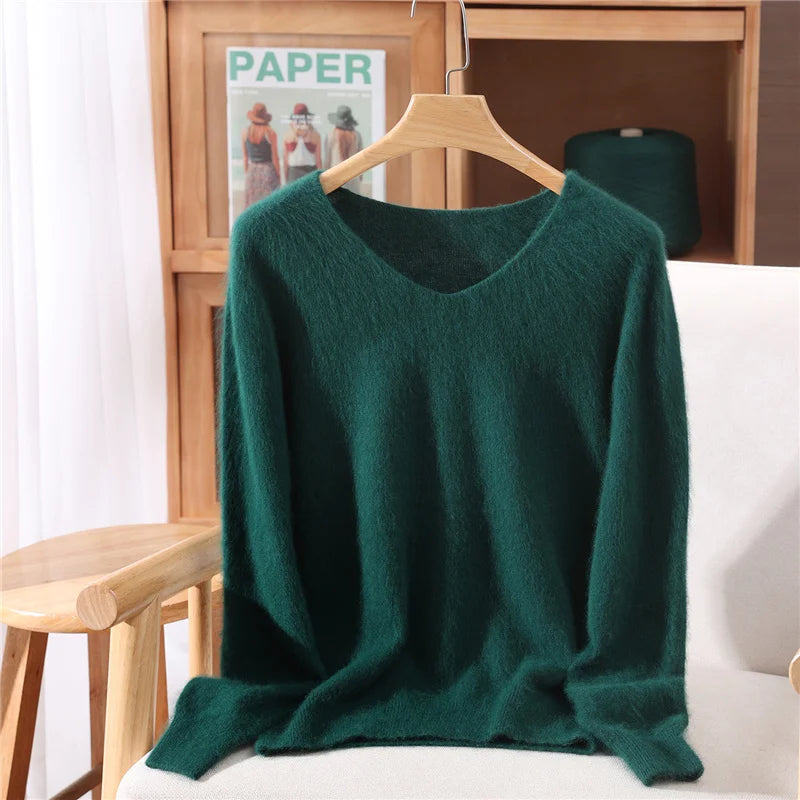 100% Mink Uzbekistan Cashmere 10 Colors S-3XL UK Plus Size Sweater Women's Autumn Winter New Style Solid Color V-Neck Knitted Top Quality Sweater Versatile Loose Base Top