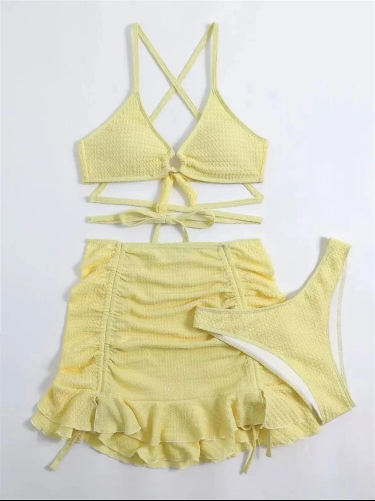 Sexy Yellow Bikini Women Solid Halter Ring Linked Criss Cross Cover Up 3 Piece Swimsuit  Bathing Suit Ruffles Skirt Swimwear