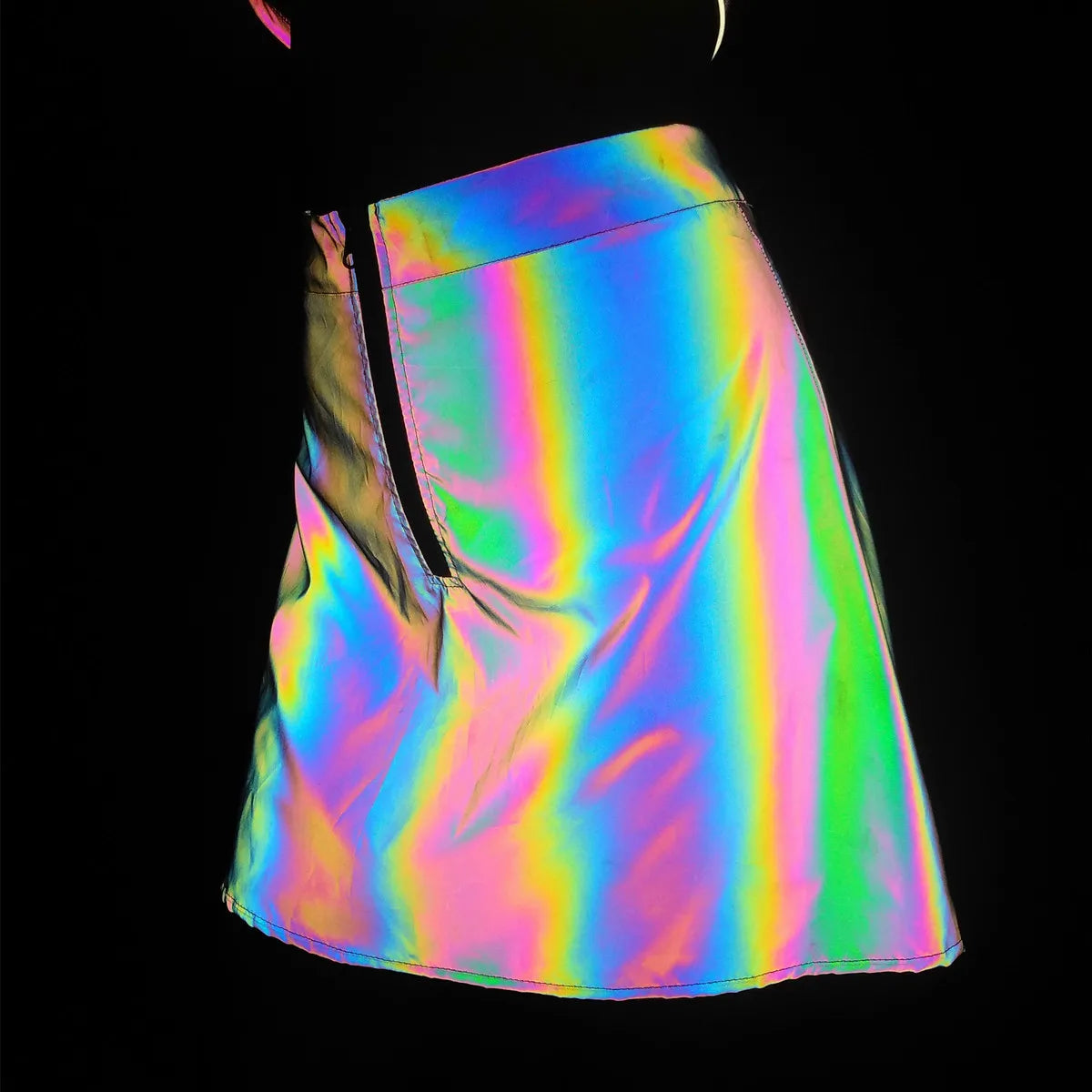 High Waist A-Line Skirts+Bra Women Colorful Reflective 2 Piece Set Night Club Rave Party Reflect Light Mini Clothing Fashion Supplies