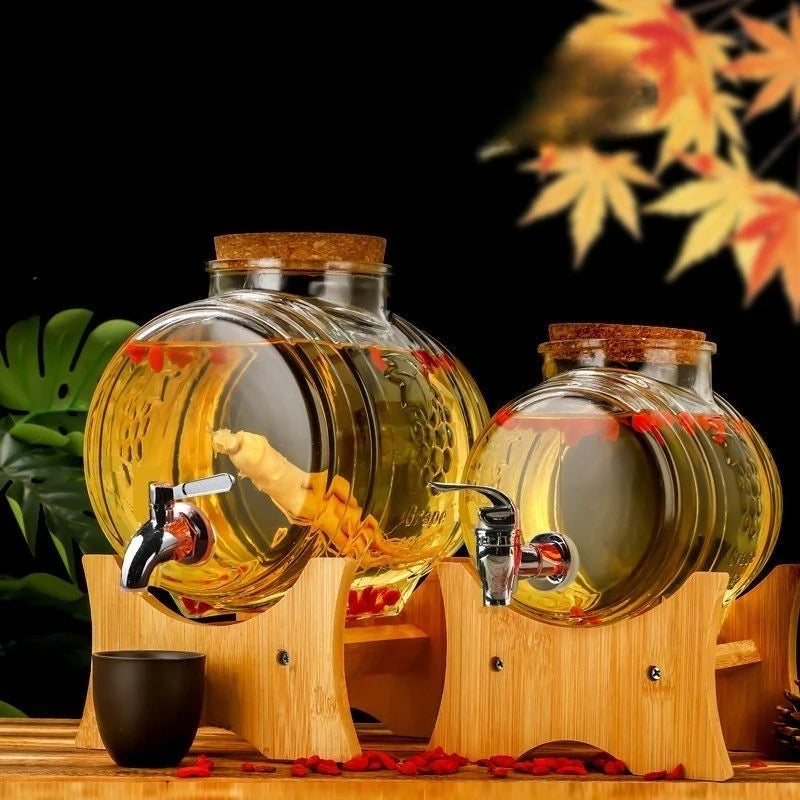5000ML-3000ML Full Set Large Capacity Special Barrel Glass Wine Bottle with Faucet Wooden  Base, Fruit Wine, Ginseng Wine Barrel, Medicinal Wine Jar Home Bar Pubs Restaurants Barware Accessories