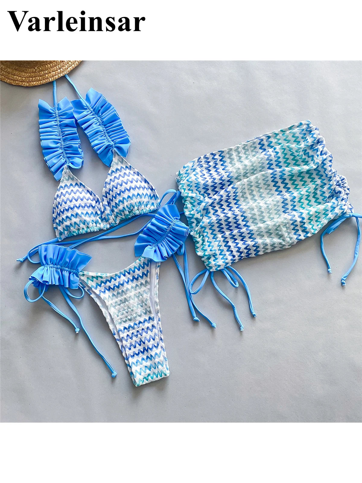 With Skirt Waved Ruffled Frilled Bikini Female Swimsuit Women Swimwear Three-pieces Bikini set Bather Bathing Suit Swim V5235