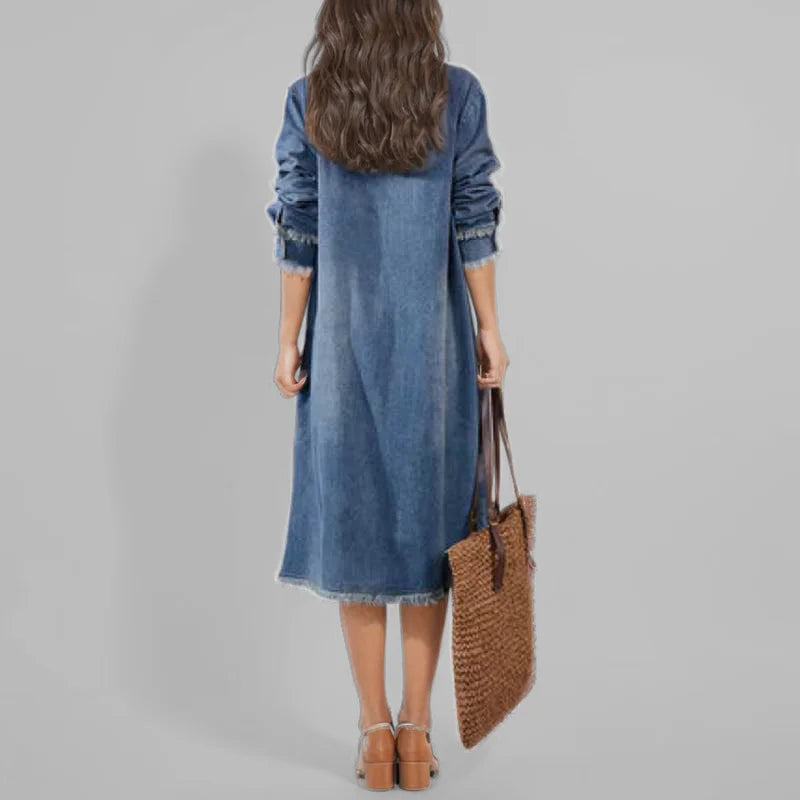 M-2XL Fashion Women's Wash Plush Edge Pockets Loose Denim Dress Autumn Trendy O-Neck Long Sleeves Dresses Female 1LS006 Female Streetwear Casual Clothing Supplies