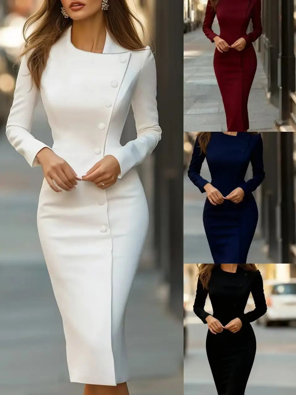 Black/White/Burgundy Color S-2XL UK Size Long Sleeve Button Down Midi Dress - Elegant Office Lady Slim Fit Sheath Dress