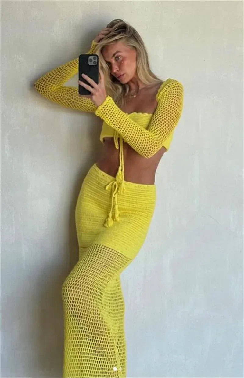 3 Pieces Set Swimwear Hot Outfits Knit Swimsuit Beach Bikini Cover-ups Summer Sexy Long Sleeve Maxi Dress Women Club Party