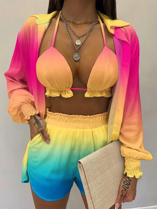 New Women's Sexy Fashion Set Spring/summer Solid Color Print 3-piece Set Beach Casual Coat Shorts Women's 3-piece Set