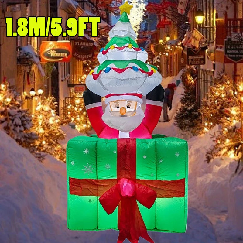 5.9FT/1.8M Xmas Decor Inflatable Santa Tree Box Build-in LED Lights Christmas Indoor Party Outdoor Garden Scene Layout Ornament