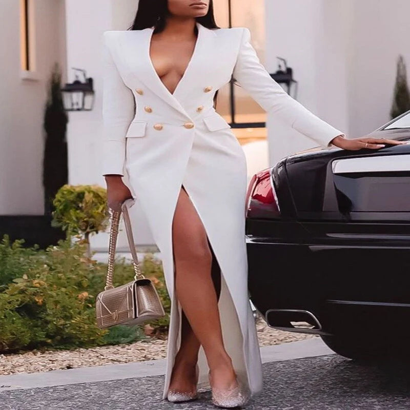 S-3XL Plus Size Elegant Women Sexy Party V-Neck Long Dress Long Sleeve OL Business Dinner  Evening Party Wedding Guest Birthday Event Maxi High Split Dresses