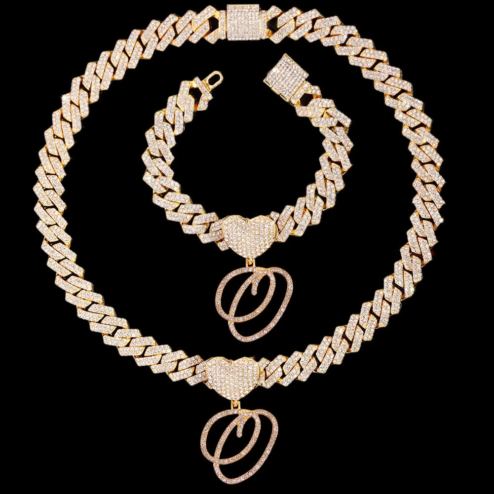 2 PCS Set New Fashion A-Z Initial Cursive Letter Luxury Rhinestones Pendant Cuban Necklace for Women Iced Out Cuban Link Chain Necklace Set Jewelry