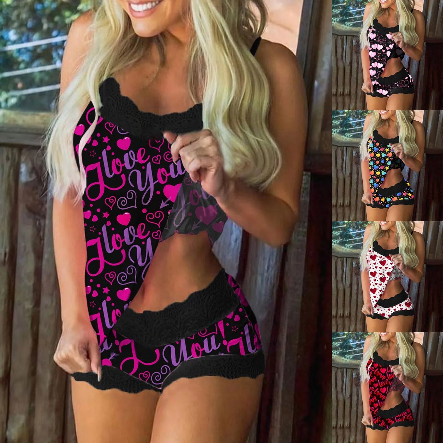 Set Lace Shorts Print Lingerie Sleepwear Women Pajamas Sleeveless Negligee Lingerie for Women Long