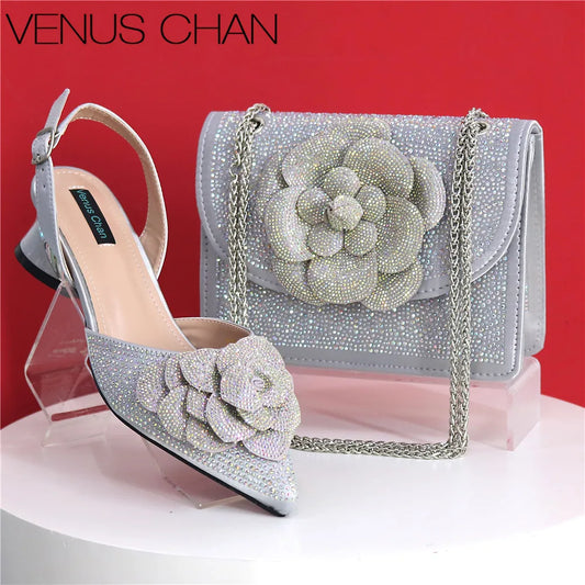 Italian Design Handmade Silver/Green Peach Color Elegant Lady Shoes And Bag Set with Rhinestones Embellished Pearls-knot Wear-Resistant And Comfortable Heel Evening Wedding Party Shoes Ladies Luxury Fashion Clothing Supplies
