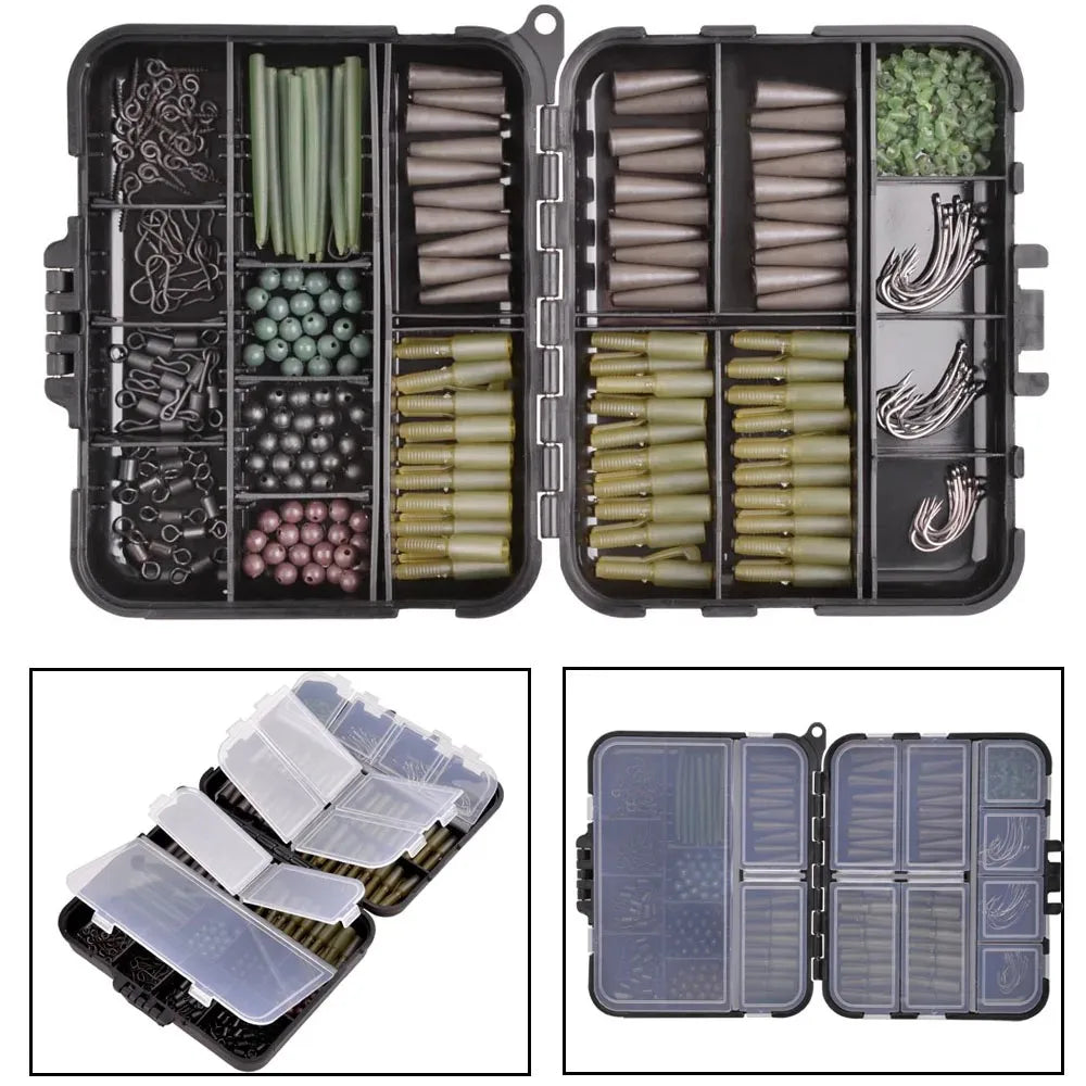 324 PCS Set Case Carp Fishing Accessories Tackle Kit Anti Tangle Sleeves Lead Clips Hooks Swivels Hook Stop Beads Boilie Bait Screw Ocean River Lake Fishing Accessories Tool Sets