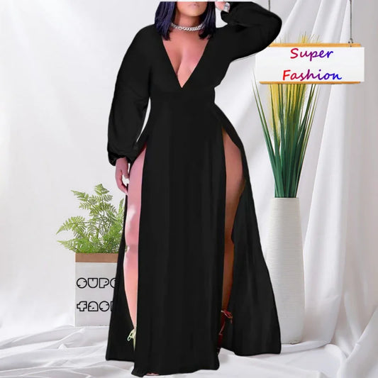 NEW Arrivals XL-5XL Plus Size Pink/Black/Red/ Blue Fall Sexy Dresses Curvy Chubby BBW Women Clothing Solid Long Sleeve V Neck Split Sexy Party Evening Dress Ladies Sexy Fashion Apparel Supplies