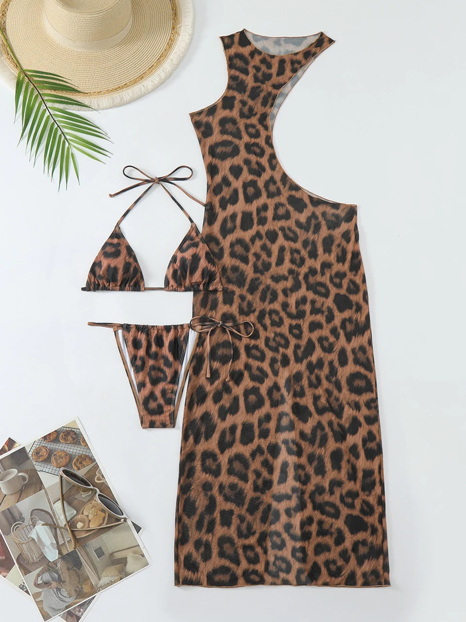 Sexy 3 Pieces Bikini Set Women Cut Out Side Cover Up Dress Leopard Swimsuit Lace Up Triangle Swimwear Female Swimming Suit