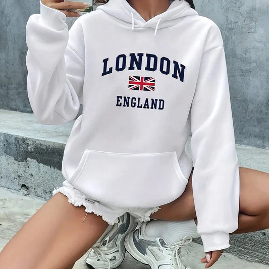 NEW Arrivals S-3XL UK Plus Size 6 Colors Women's Autumn and Winter Casual Fashion Loose London England Hooded Drawstring Long Sleeved Warm Pullover Girls Streetwear Sports Clothing