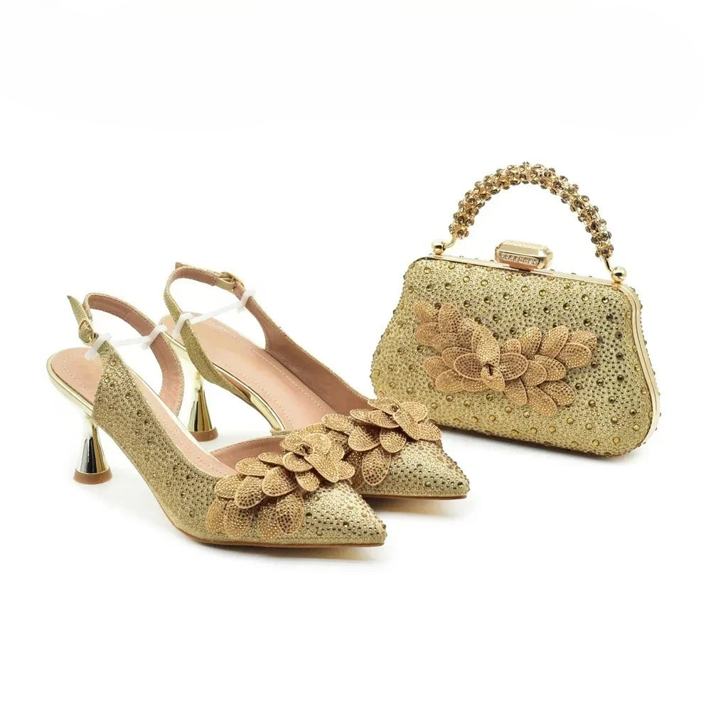 New Arrival 5 Colors Italian Women Heel Party Luxury Wedding Guest Handmade Matching Shoes and Bag Set Rhinestones Handbag Italian Design Luxury Wedding Shoes for Bride Evening Party Shoes