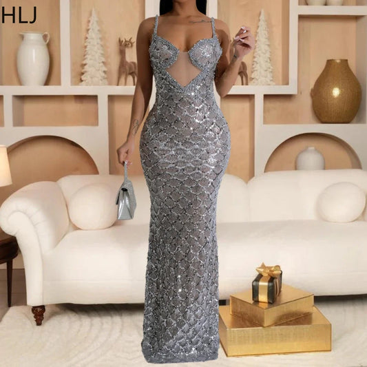 UK Size S(8)-2XL(18)  Black/Apricot/Silver Color Luxury Sexy Sequin See Though Glitter Bodycon Spaghetti Strap Evening Party Dress Women V Neck Sleeveless Slim Ladies Luxury Fashion Clothing Supplies
