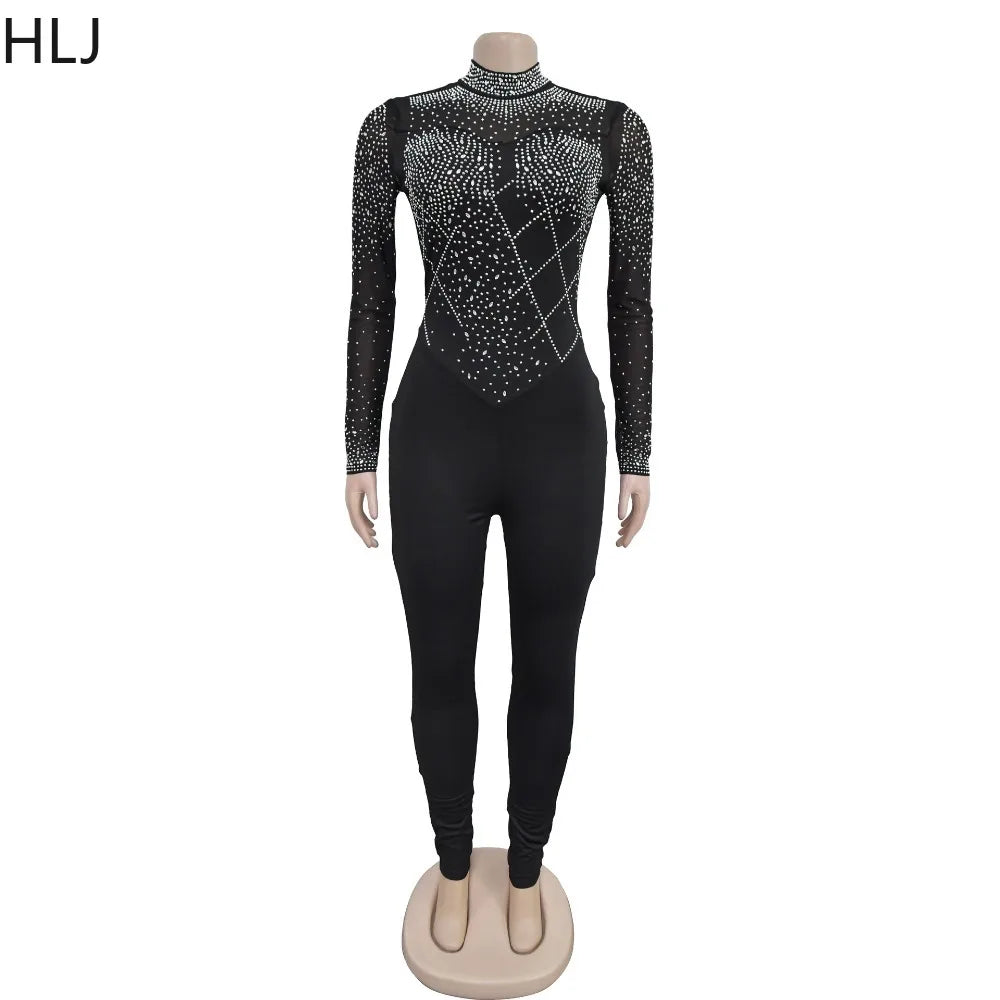 Low-Price Sales are Limited NEW S-2XL Black/Apricot Rhinestones Mesh See Though Bodycon Evening Night Club Party Jumpsuits Women Round Neck Long Sleeve Slim Playsuits Sexy Overalls Girls Ladies Luxury Fashion Clothing Supplie