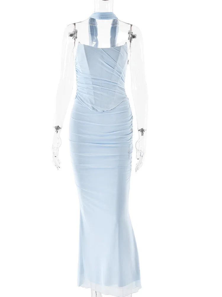 NEW Arrivals 2PCS Set UK Size Pink/Sky Blue Color Sexy Strapless Scarf Mesh Women Skirt Suit Off Shoulder Top Long Skirt Spring Autumn Skinny Elegant Evening Party Sexy Maxi Dress