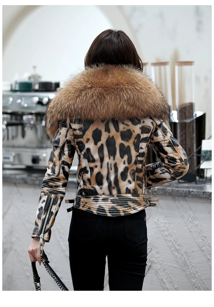 NEW Arrivals S-3XL  Real Raccoon Fur Collar Luxury Winter Women Genuine Leather Short Brand Women Sheepskin Leopard Motorcycle Jacket Big Fur Collar Slim