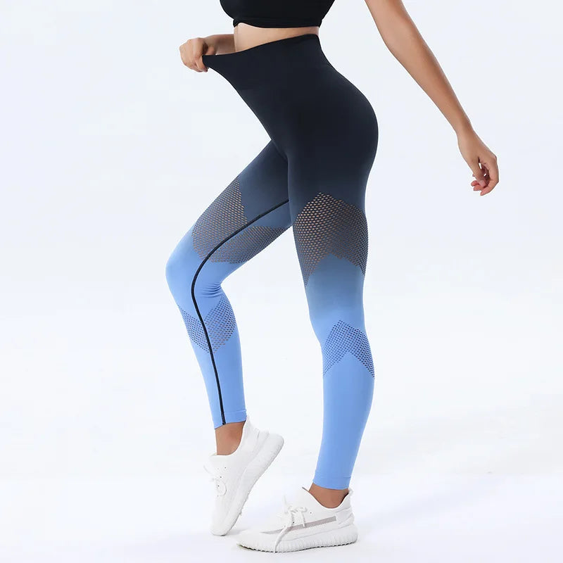 Women Sexy Hollow Out Leggings Seamless Gradient Leggings High Waist Hip Liftting Slim Gym Trainning High Elastic Yoga Tights