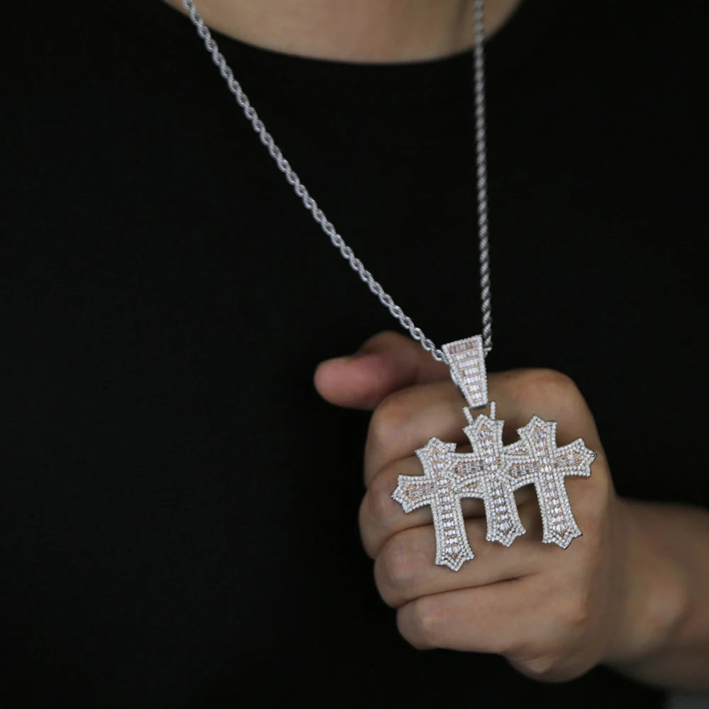 New Iced Out Cross Pendant Necklace For Women Men Bling Prong Setting Cubic Zirconia Cross Charm Luxury Hip Hop Fashion Jewelry Accessories.