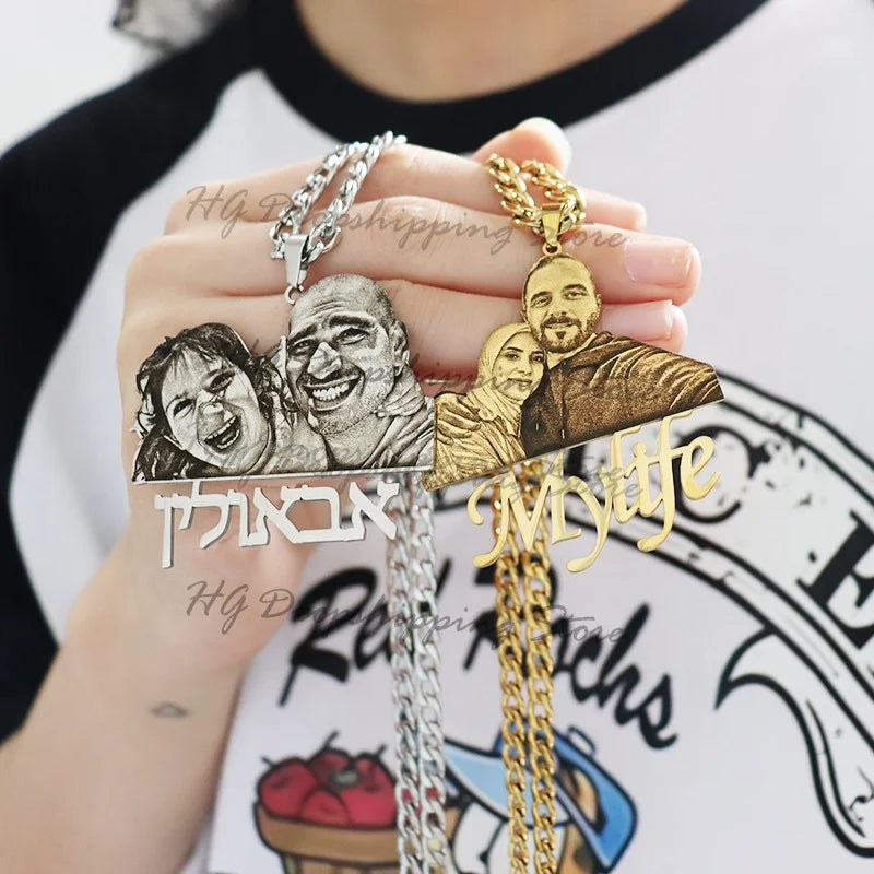 Personalized Custom Picture Nameplate Gold/Silvery 50cm Cuban Chain  Pendant Custom Photo Necklace Engraved Portrait Necklace Anniversary Birthday Wedding Gifts for  Jewelry Family Gifts