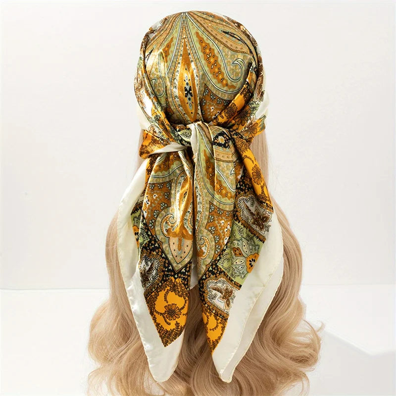 New 90x90cm 18 Colors Silk Shawl Satin Square Scarf For Women Paisley Neckerchief Female New Headband Hair Bands Print Foulard Hijab Wraps Bandana Women Apparel Accessories