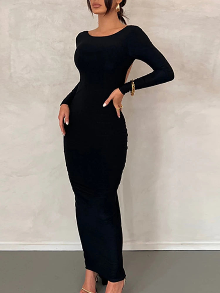 NEW Arrivals UK Size Red/Black/White Color Sexy Deep V Backless Pleating Slim Bodycon Long Dress Women Long Sleeved Solid Color Maxi Dress Evening Club Party