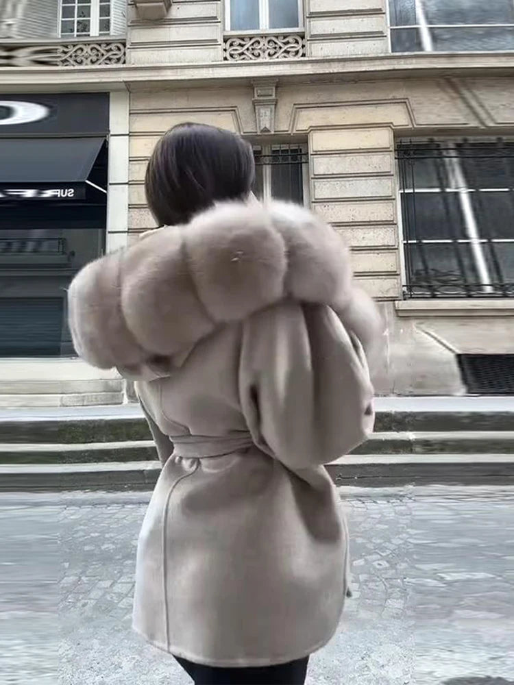 UK Size White/Gray/Brown/Black Color Hoody Mink  Fur Furry Coats Women Fashion Belt Long Sleeve Pocket Thicken Warm Jacket Autumn Winter Urban Lady Streetwear
