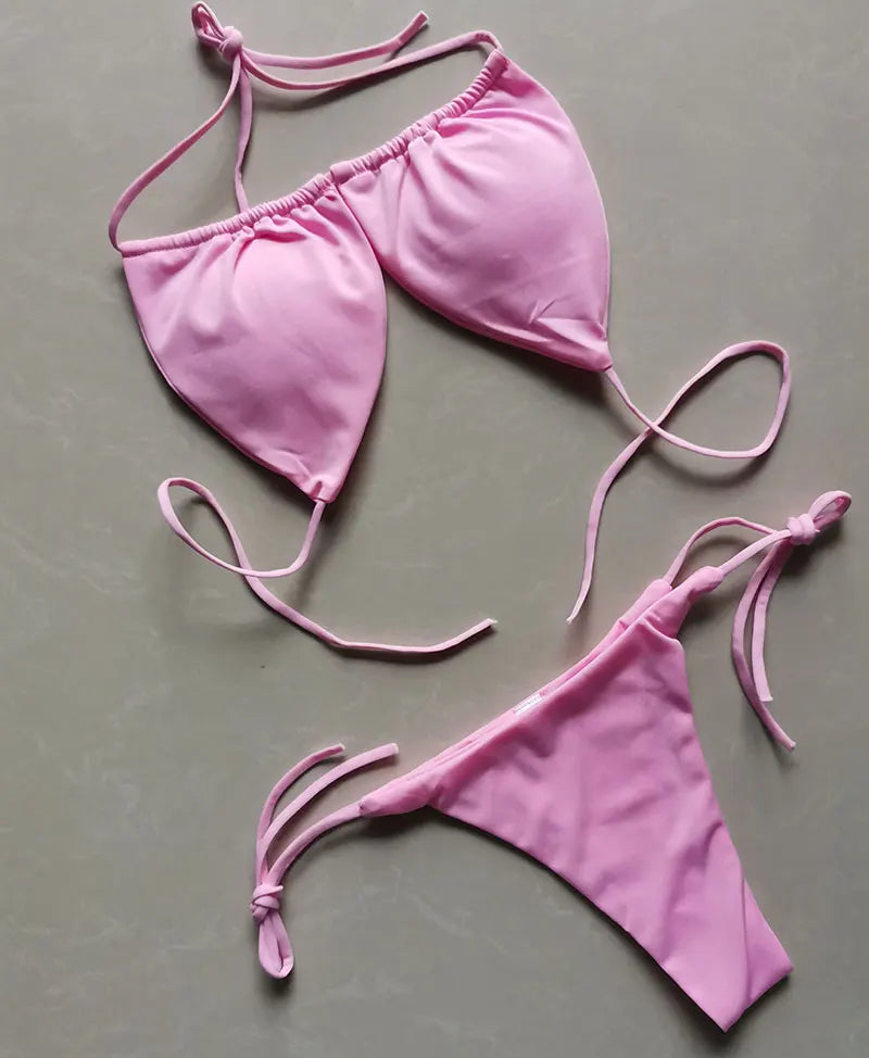 2 PCS Set S-XL Multi-Colors Summer Women's Sexy Bikini Push-Up Padded Bra Brazilian Thong Split Swimwear Female Bandage Bathing Suit Adjustable Lacing Swimsuit Solid