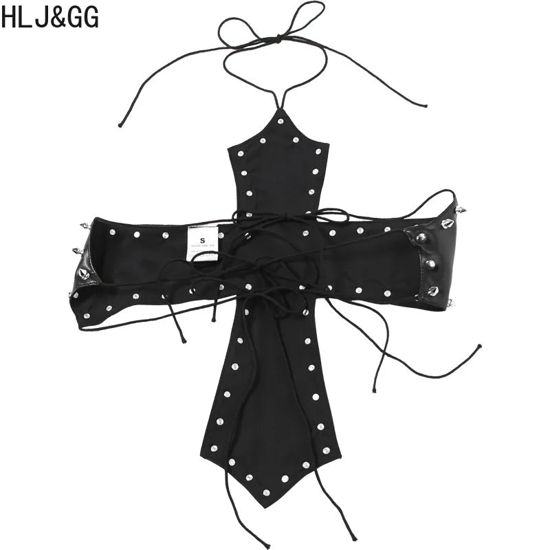 2 PCS Set  Y2K Sexy Hot Girl Halter Backless Lace Up Women Leather Rivets Crop Top And Denim Shorts Outfit Streetwear Evening Rave Festival Party Night Clubwear Suit
