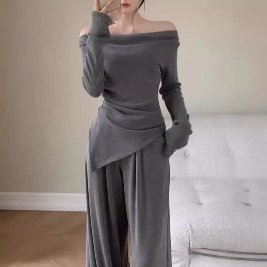 NEW Arrivals 2PCS Set M-2XL Black/Apricot/Gray Color Off-Shoulder Long Sleeve Elegant Suit Slimming Top And Smoothing Bottoms Women's Autumn Bell Pants High-End Feel