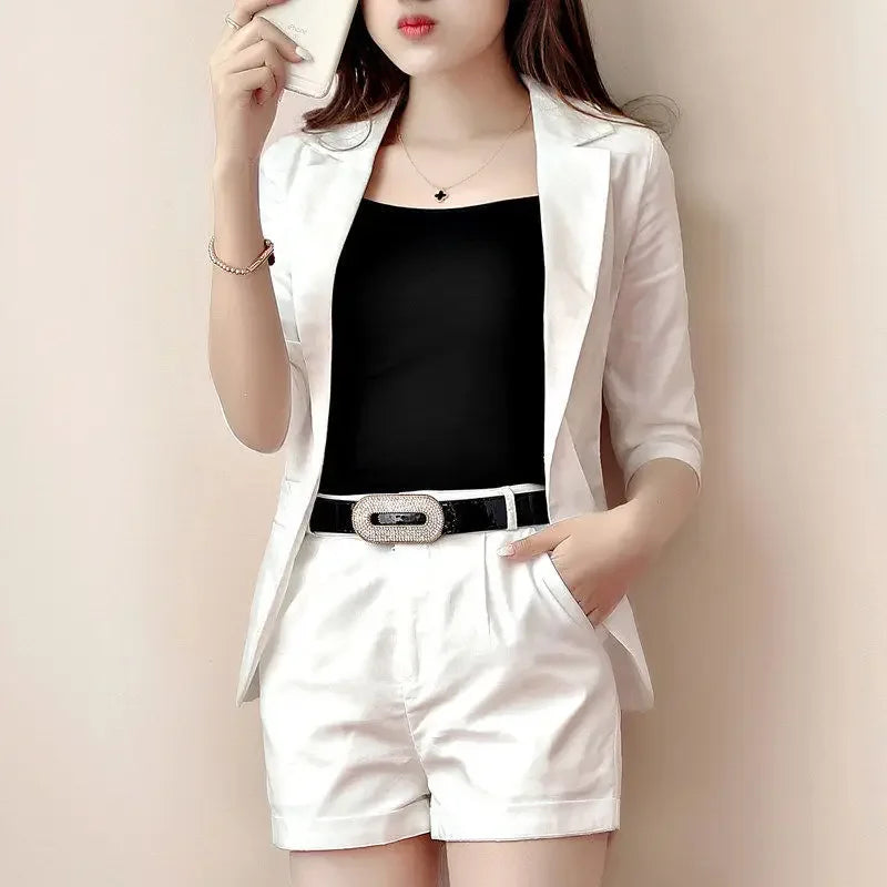 NEW Arrivals 2PCS Set 2 Patterns White/Black Short/Long Pants Coat + Belt for Women Black Trouser Suit Blazer and Outfit Office Lady Professional Business Set Ladies Luxury Fashion Clothing Supplies