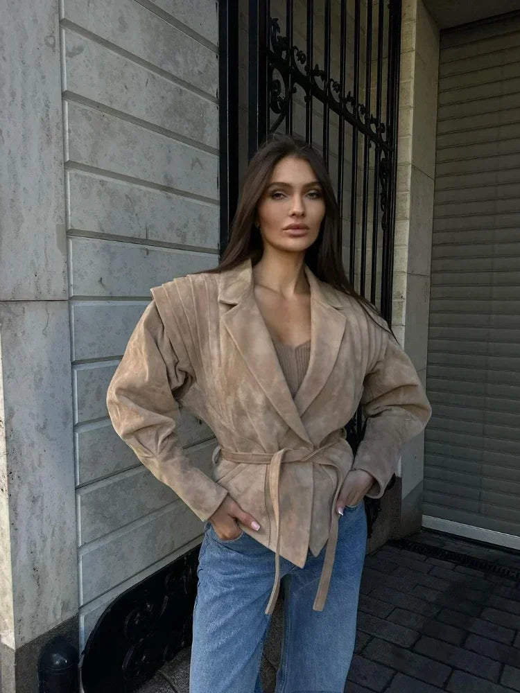 NEW Arrivals UK Size 3 Colors Women High Street Leather Jacket Versatile Brown Long Sleeves V-Neck Lace-Up Jacket Coats Winter Causal Chic Female Outwear